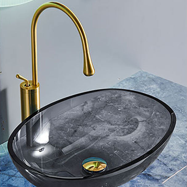 Modern Bathroom Sink Glass Oval-Shape Vessel Bathroom Sink with Pop-Up Drain