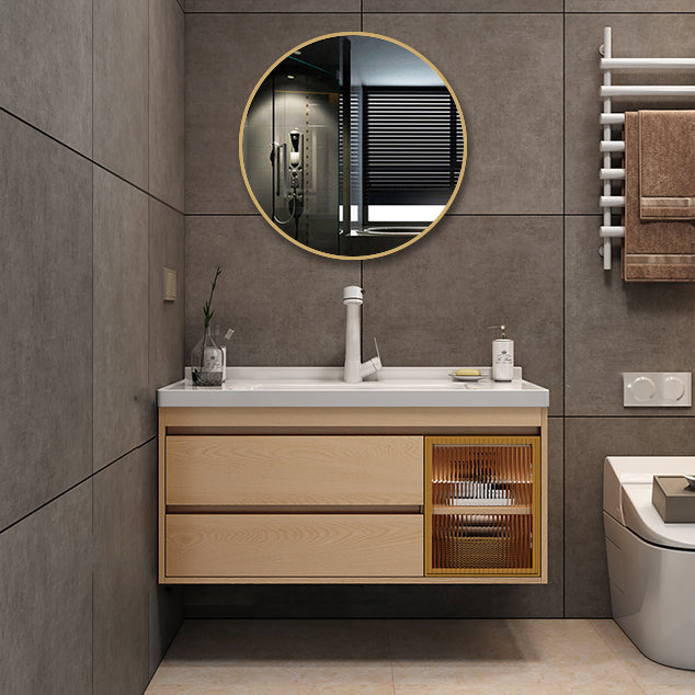 Wall Mount Vanity Mirror Single Sink Rectangle Door Wood Vanity with Drawers