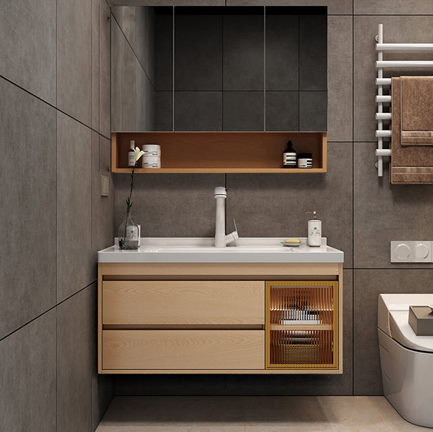 Wall Mount Vanity Mirror Single Sink Rectangle Door Wood Vanity with Drawers