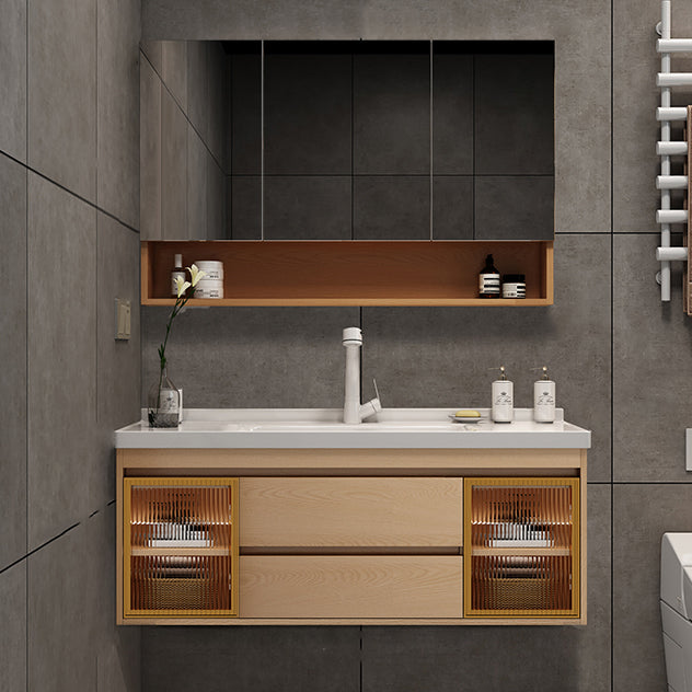 Wall Mount Vanity Mirror Single Sink Rectangle Door Wood Vanity with Drawers