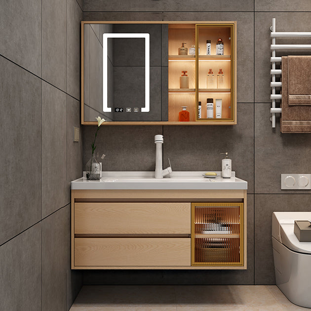 Wall Mount Vanity Mirror Single Sink Rectangle Door Wood Vanity with Drawers