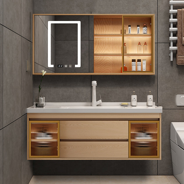 Wall Mount Vanity Mirror Single Sink Rectangle Door Wood Vanity with Drawers