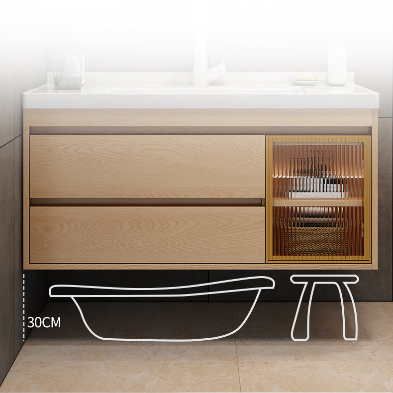 Wall Mount Vanity Mirror Single Sink Rectangle Door Wood Vanity with Drawers