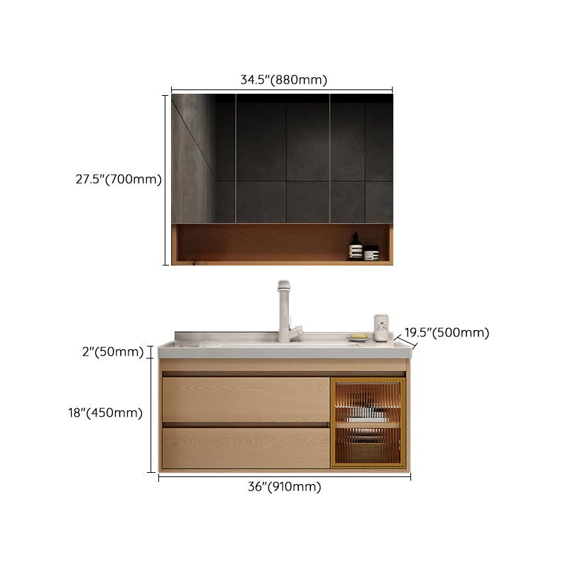 Wall Mount Vanity Mirror Single Sink Rectangle Door Wood Vanity with Drawers
