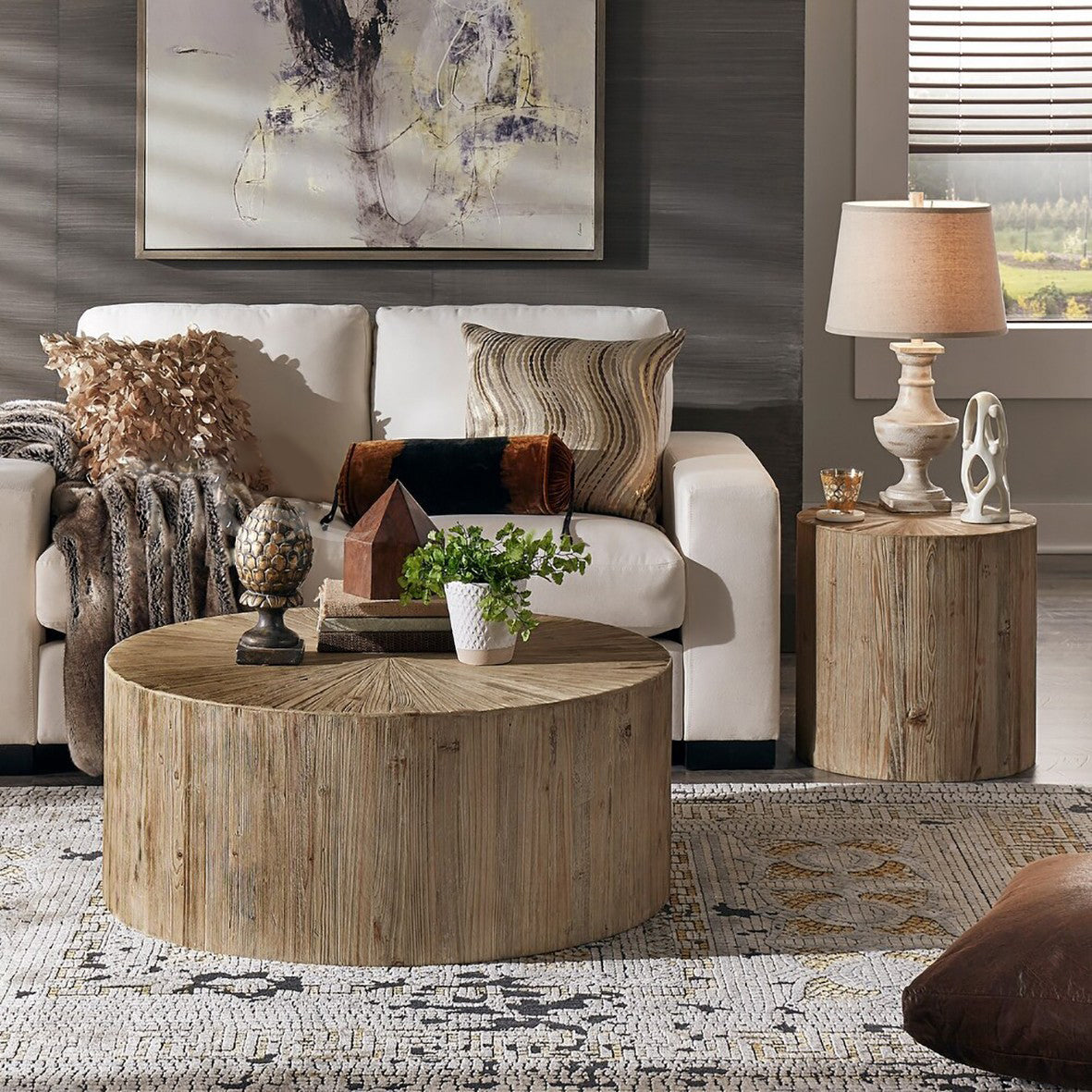 Tree Stump End Table Contemporary Wooden Side End Snack Table for Bedroom