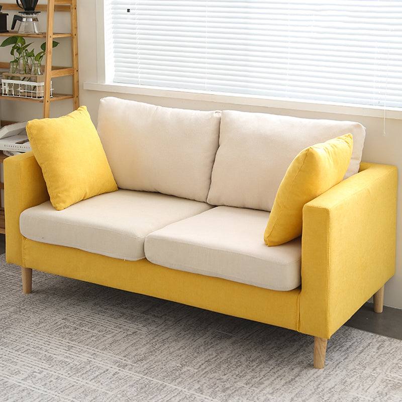 Scandinavian Linen Loveseat with Square Arms and 2 Pillows Back