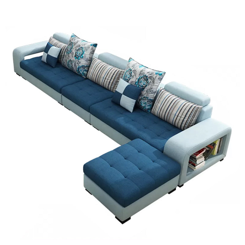 Farmhouse U Sofa in Blue Loose Back Faux Leather/Fabric Seating with Storage