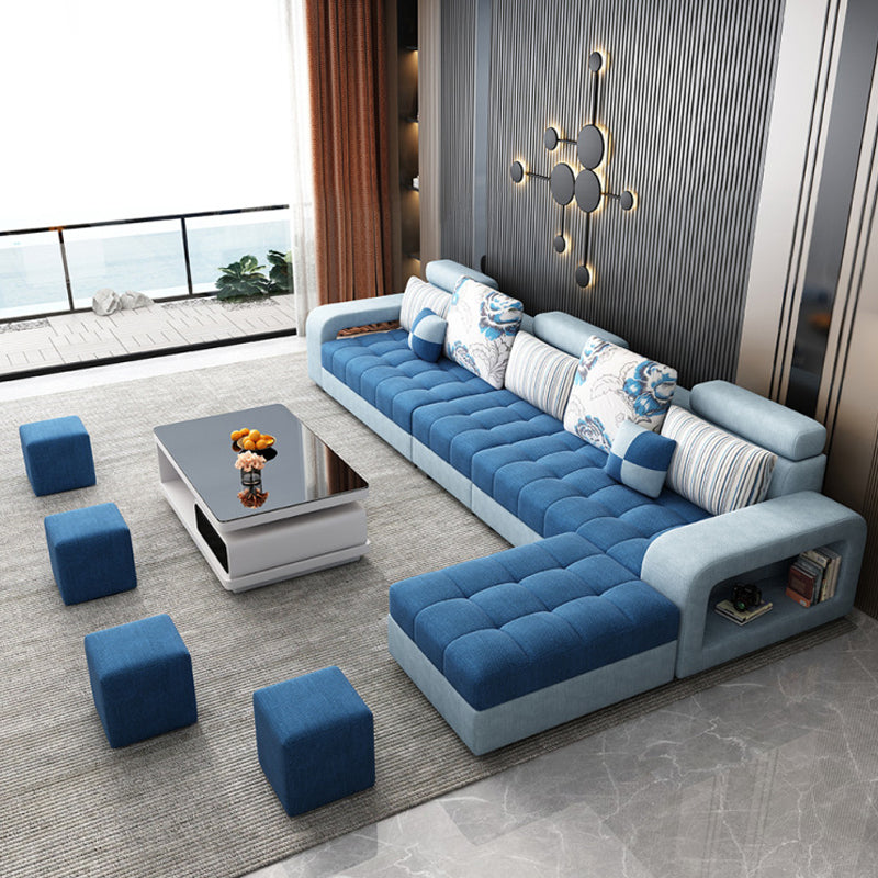 Farmhouse U Sofa in Blue Loose Back Faux Leather/Fabric Seating with Storage