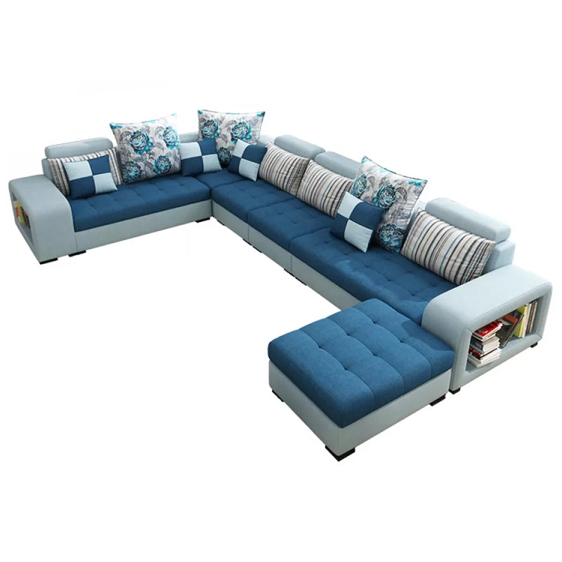 Farmhouse U Sofa in Blue Loose Back Faux Leather/Fabric Seating with Storage