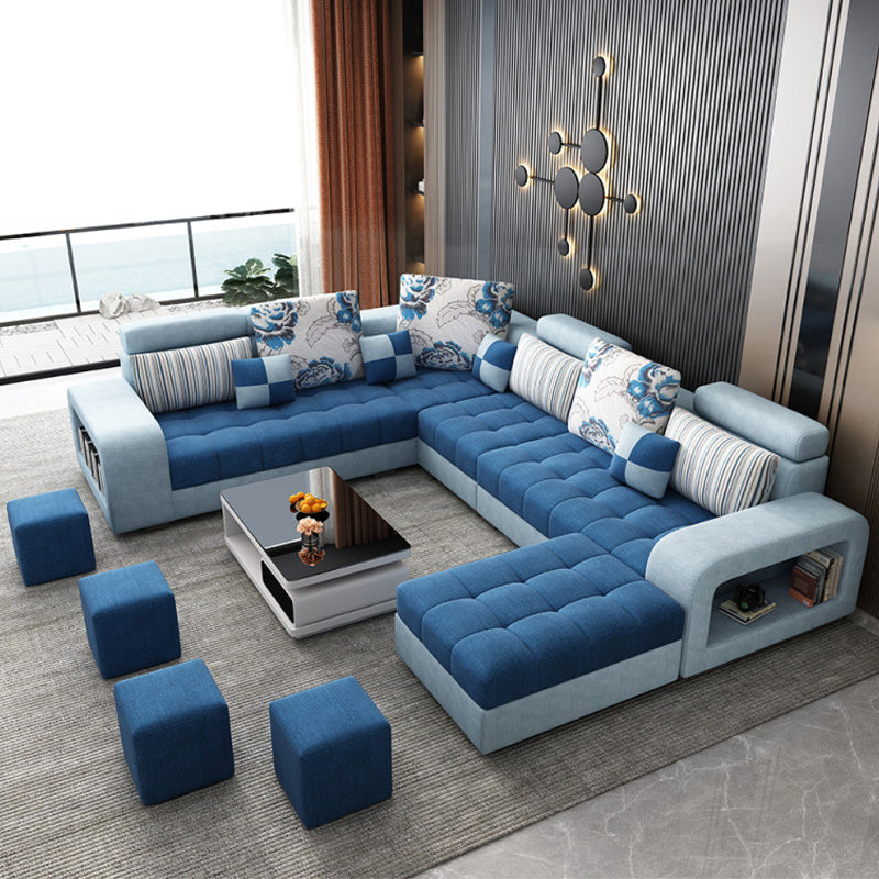 Farmhouse U Sofa in Blue Loose Back Faux Leather/Fabric Seating with Storage