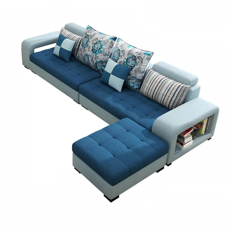 Farmhouse U Sofa in Blue Loose Back Faux Leather/Fabric Seating with Storage