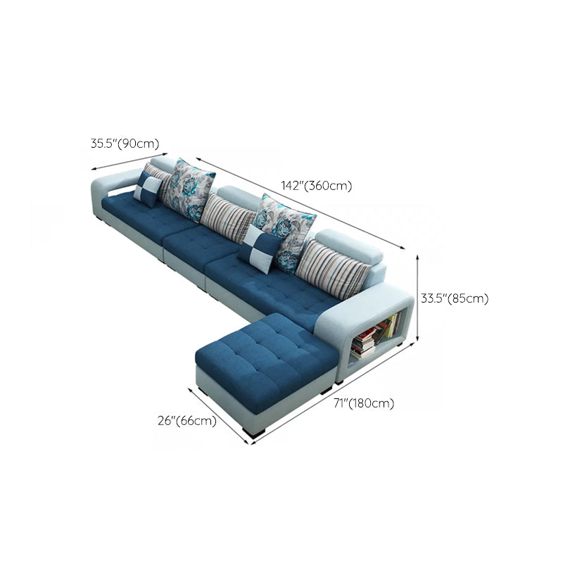 Farmhouse U Sofa in Blue Loose Back Faux Leather/Fabric Seating with Storage