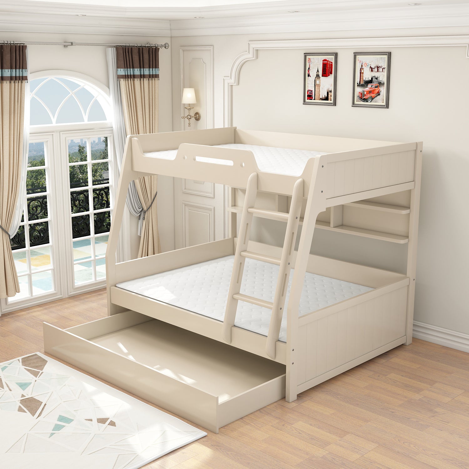 Contemporary Wood White Mattress Included with Drawers Rectangular Bunk Bed