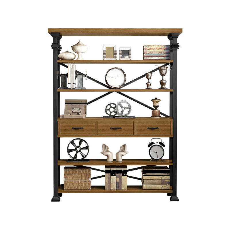 Open Back Standard Bookcase Industrial Wooden Bookshelf with Drawers