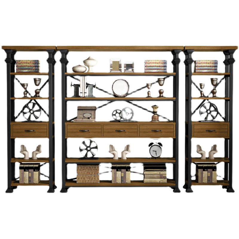 Open Back Standard Bookcase Industrial Wooden Bookshelf with Drawers