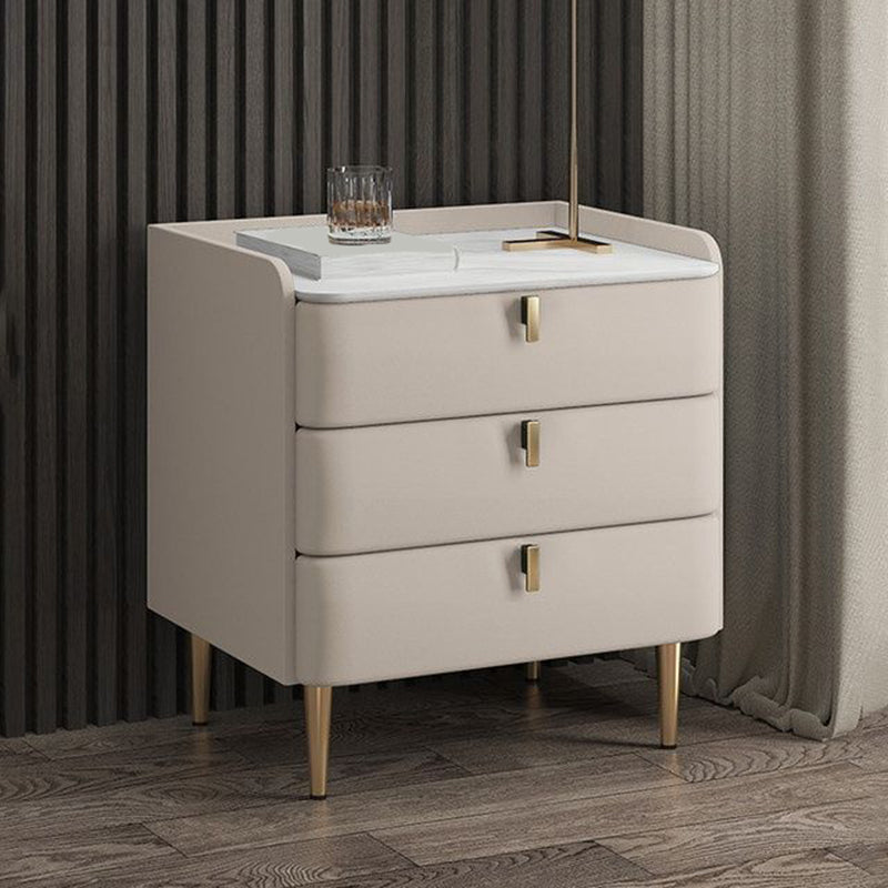 Classic Glam Bed Nightstand Stone Bedside Cabinet with 3 Drawers