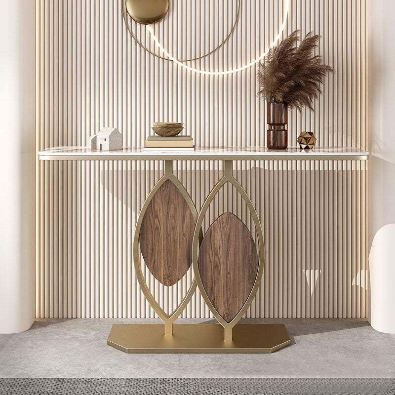 Glam Iron Accent Table Half Moon Stone Sofa Console Table for Hall