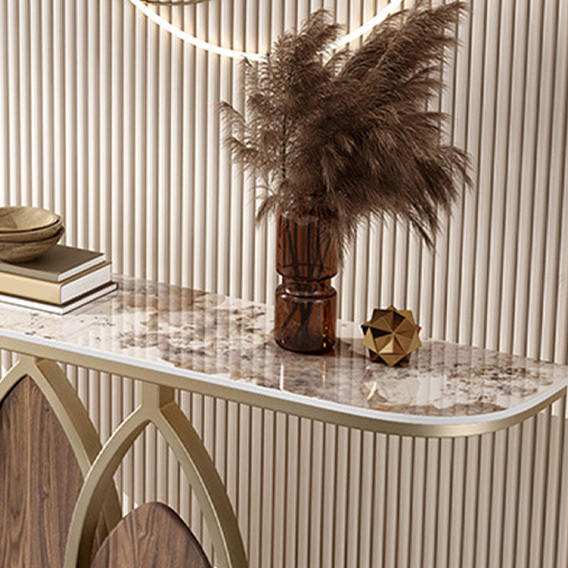 Glam Iron Accent Table Half Moon Stone Sofa Console Table for Hall