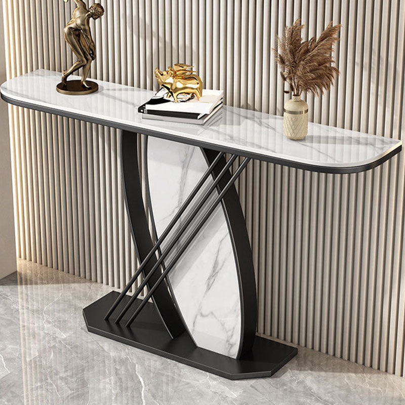 Glam Stone Iron Accent Table Half Moon Console Sofa Table for Hall