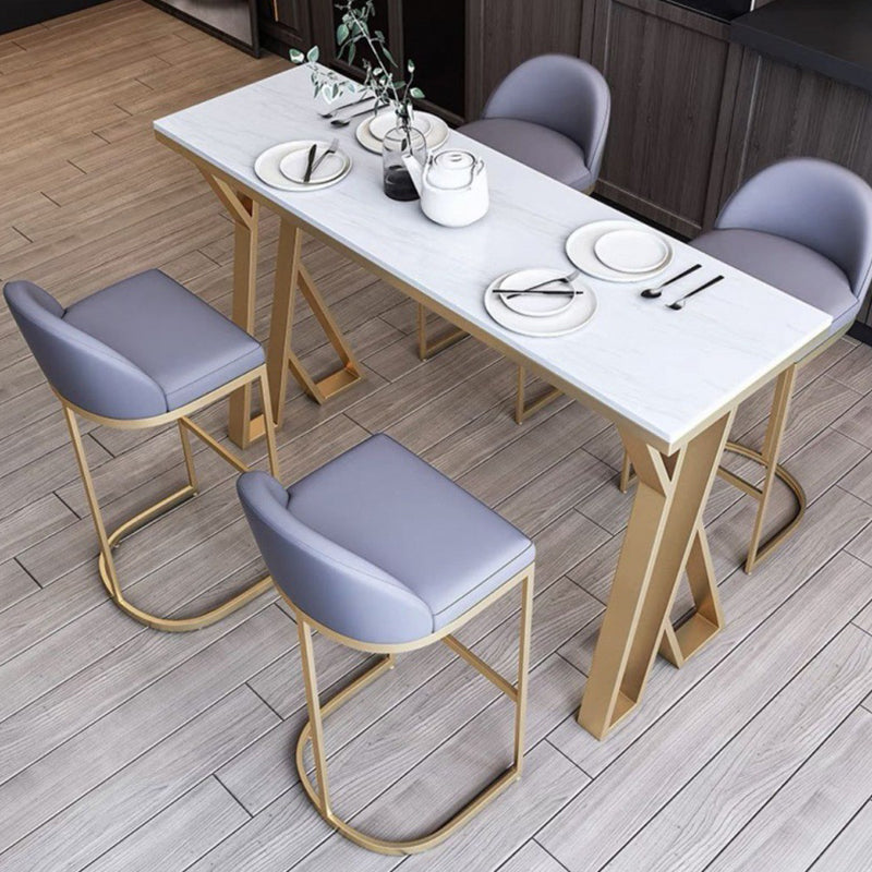 Glam Gold Double Pedestal Bar Dining Table Rectangle Stone Top Bar Height Table