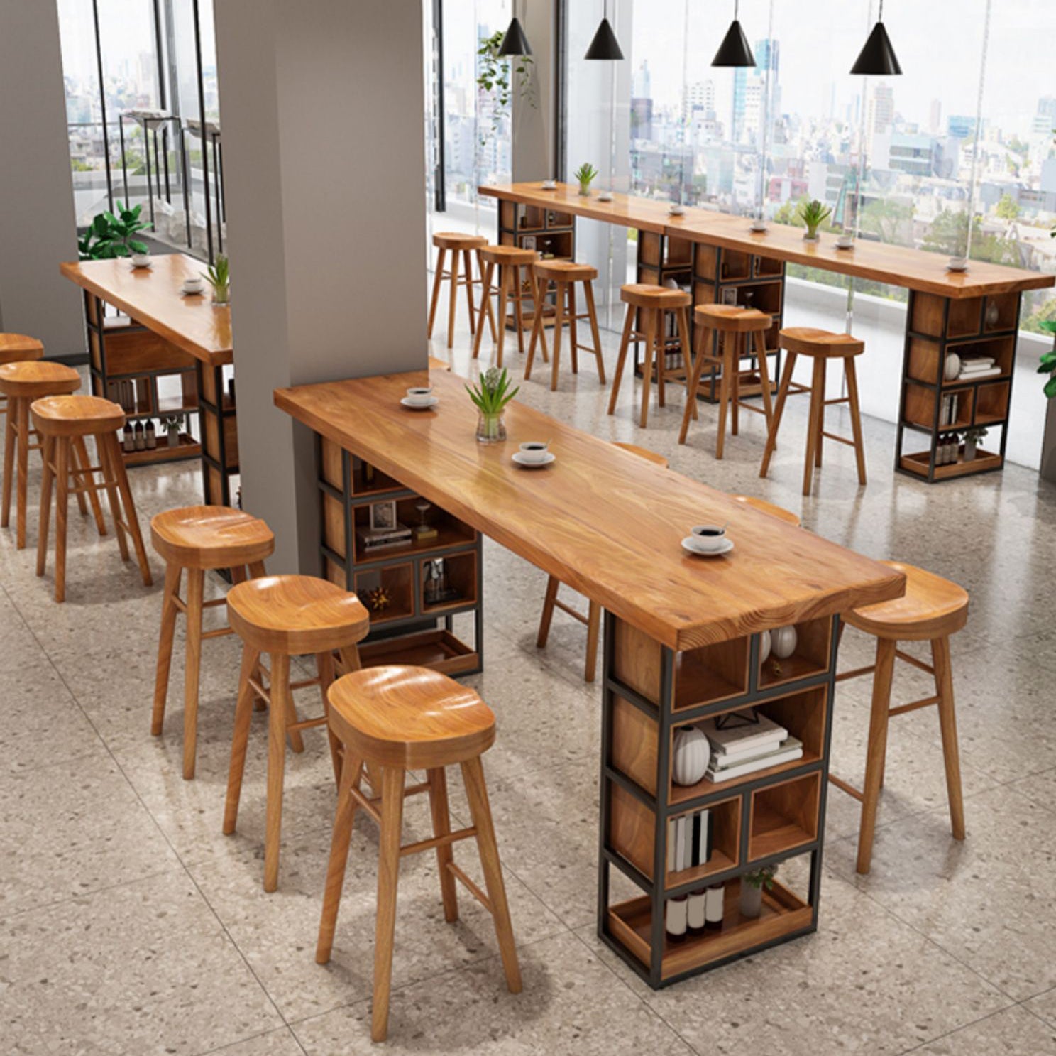 Contemporary Solid Wood Bar Table Set 1/4 Pcs Rectangle Bar Table and Backless Stools