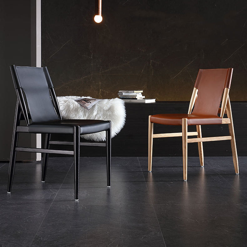 Modern Indoor-Outdoor Dining Chair Solid Wood Faux Leather Side Chair