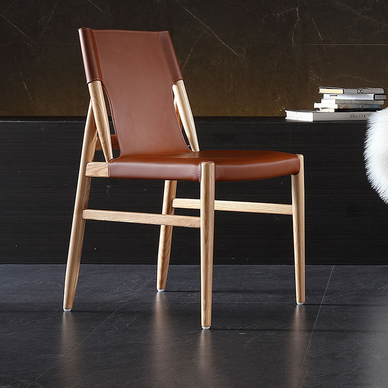 Modern Indoor-Outdoor Dining Chair Solid Wood Faux Leather Side Chair