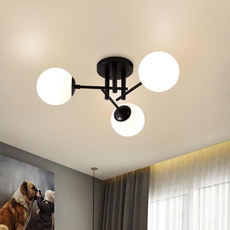 Metal Crossed Lines Semi Flush Ceiling Lighting Nordic 3/8/12 Heads Black Ceiling Flush Mount with Ball Glass Shade for Living Room