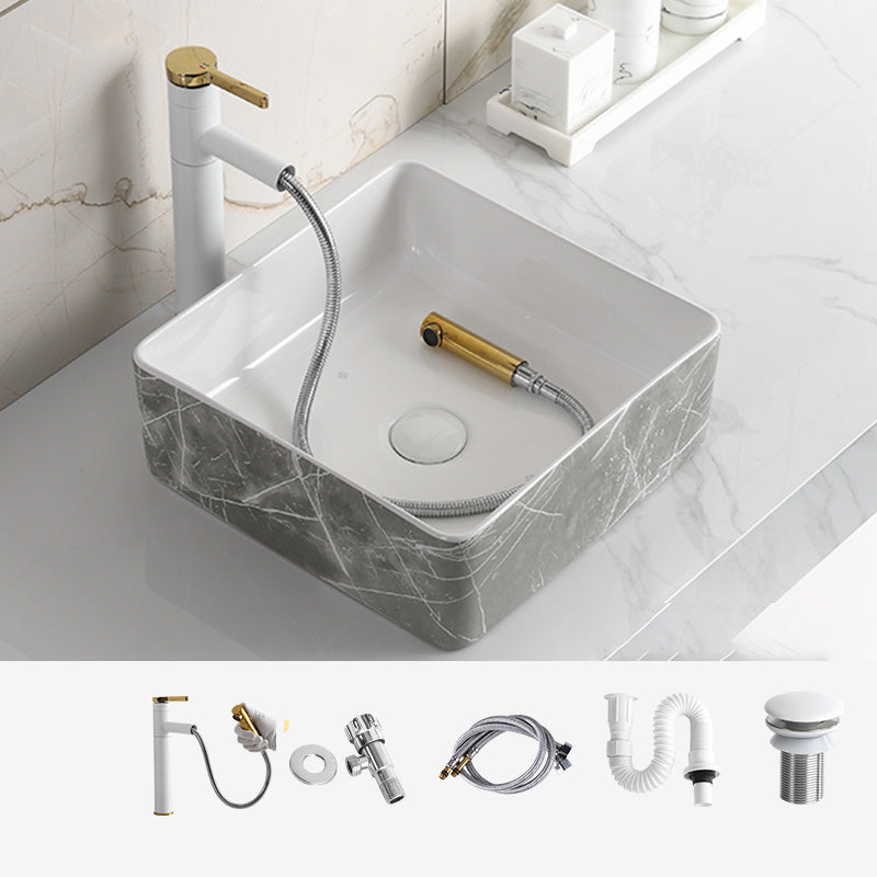 Modern Bathroom Sink Ceramic Marble Pattern Round Bathroom Sink with Pulling Faucet