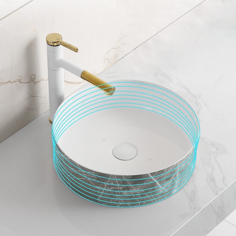 Modern Bathroom Sink Ceramic Marble Pattern Round Bathroom Sink with Pulling Faucet