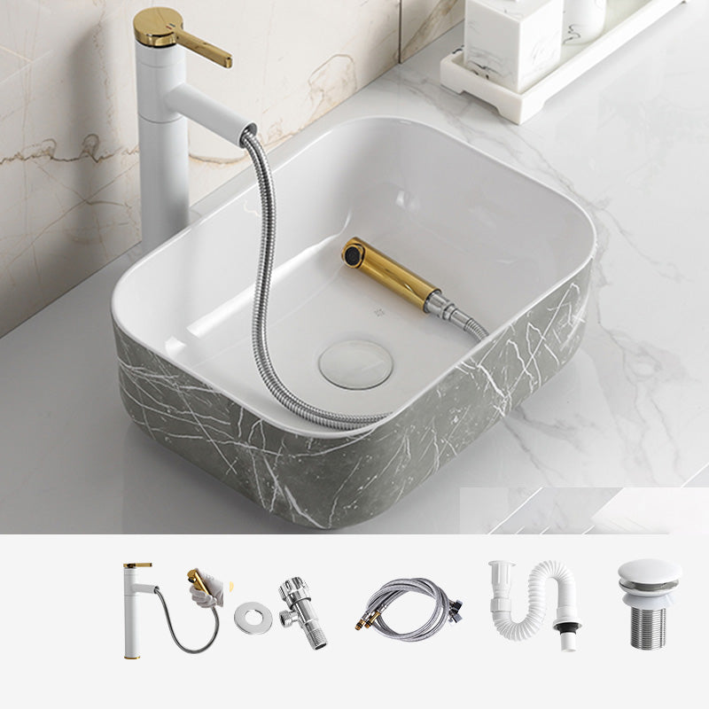 Modern Bathroom Sink Ceramic Marble Pattern Round Bathroom Sink with Pulling Faucet
