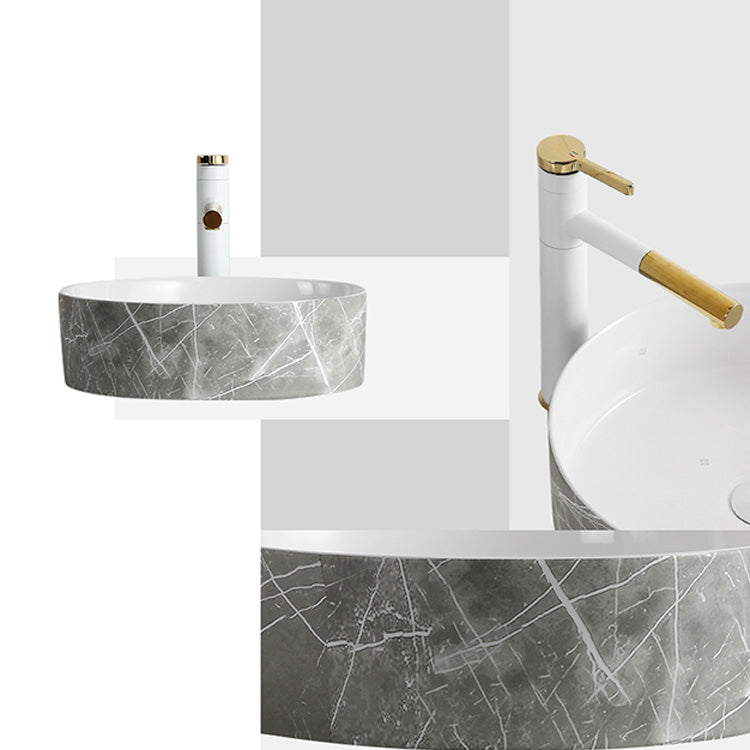 Modern Bathroom Sink Ceramic Marble Pattern Round Bathroom Sink with Pulling Faucet