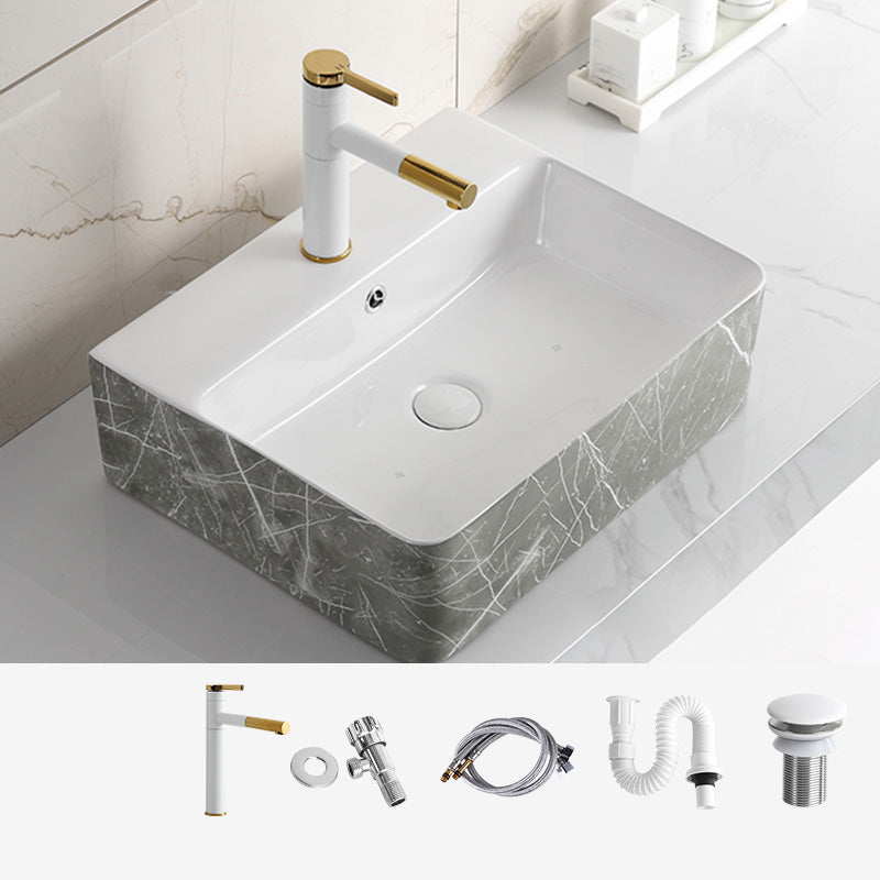 Modern Bathroom Sink Ceramic Marble Pattern Round Bathroom Sink with Pulling Faucet