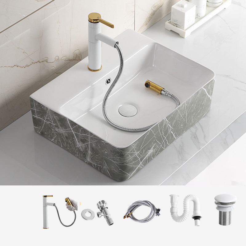 Modern Bathroom Sink Ceramic Marble Pattern Round Bathroom Sink with Pulling Faucet