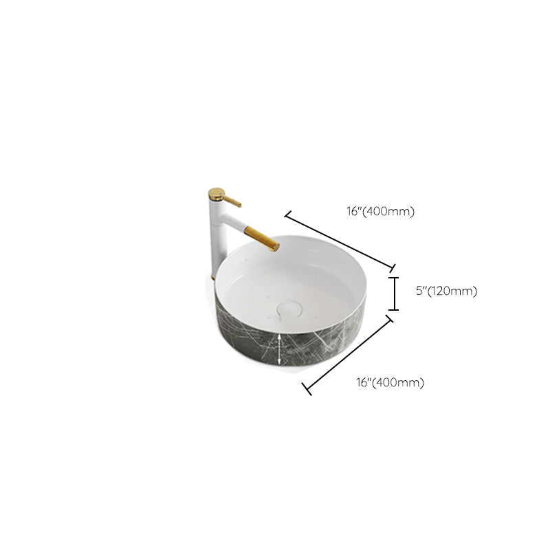 Modern Bathroom Sink Ceramic Marble Pattern Round Bathroom Sink with Pulling Faucet