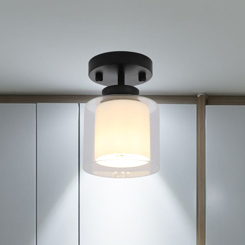 Black/Silver/Gold Finish Cylinder Semi Flush Ceiling Light with Glass Shade Contemporary 1 Bulb Semi Flush Light Fixture