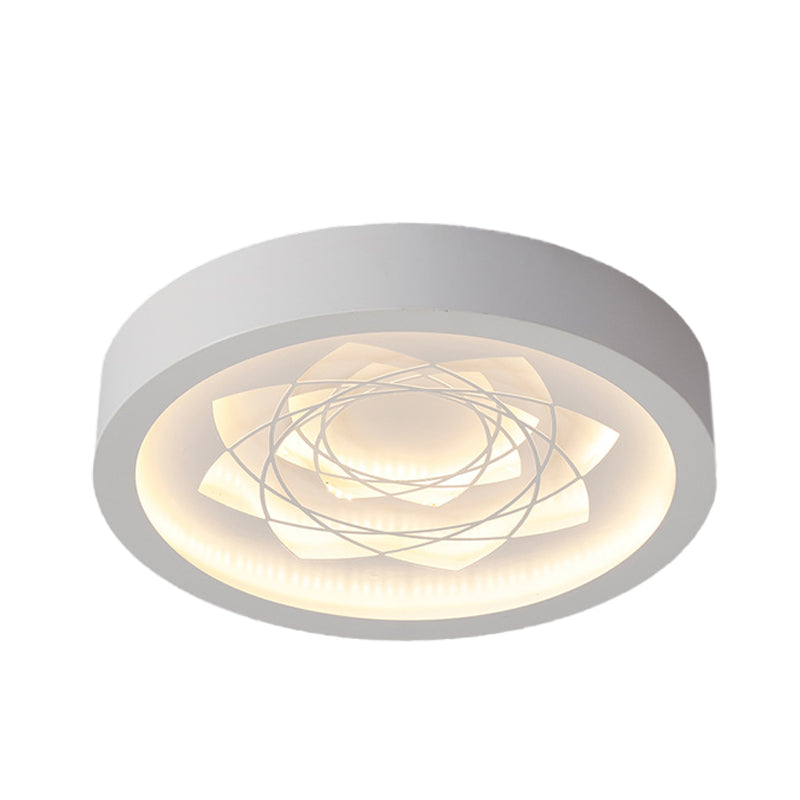 White Drum Flush Mount Fixture Contemporary LED Iron Ceiling Flush in Warm/White Light with Petal Pattern