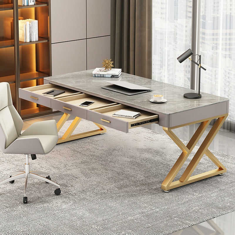 Glam Stone Writing Desk Sled Base 29.53" Tall Office Desk with Drawers