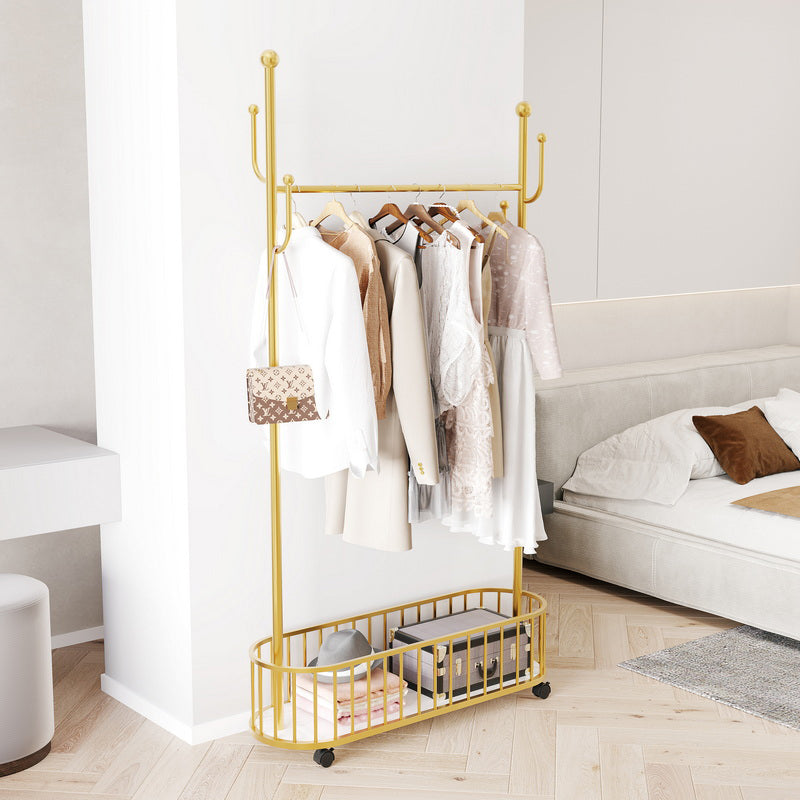 Modern Hall Tree Metal Hanging Rail Storage and 4 Hooks Coat Hanger