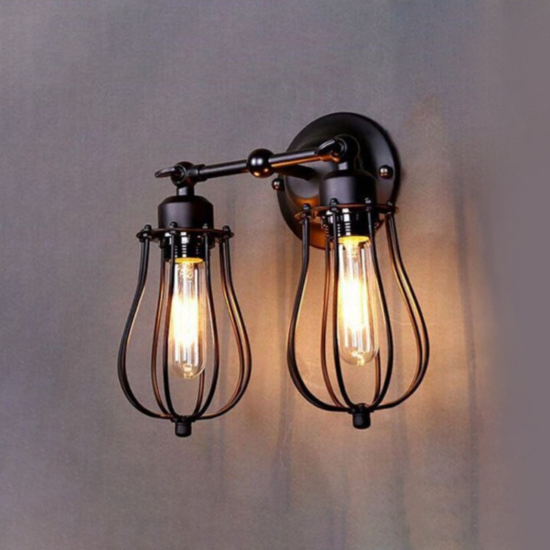 Industrial Style Caged Wall Sconce Lighting with Bulb Shade 2 Lights Metal Mini Wall Light in Copper/Aged Silver