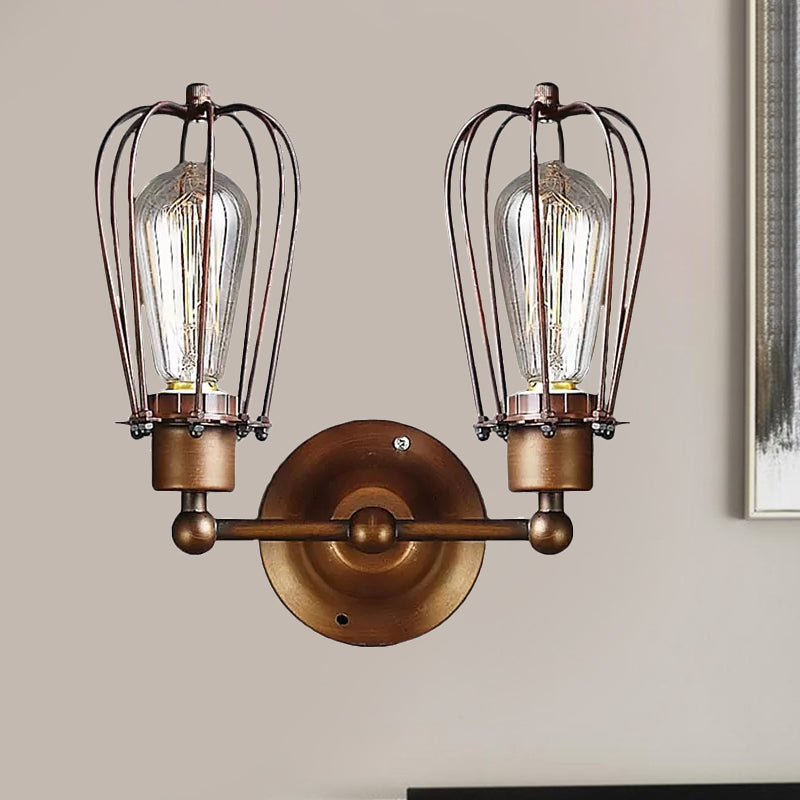 Industrial Style Caged Wall Sconce Lighting with Bulb Shade 2 Lights Metal Mini Wall Light in Copper/Aged Silver