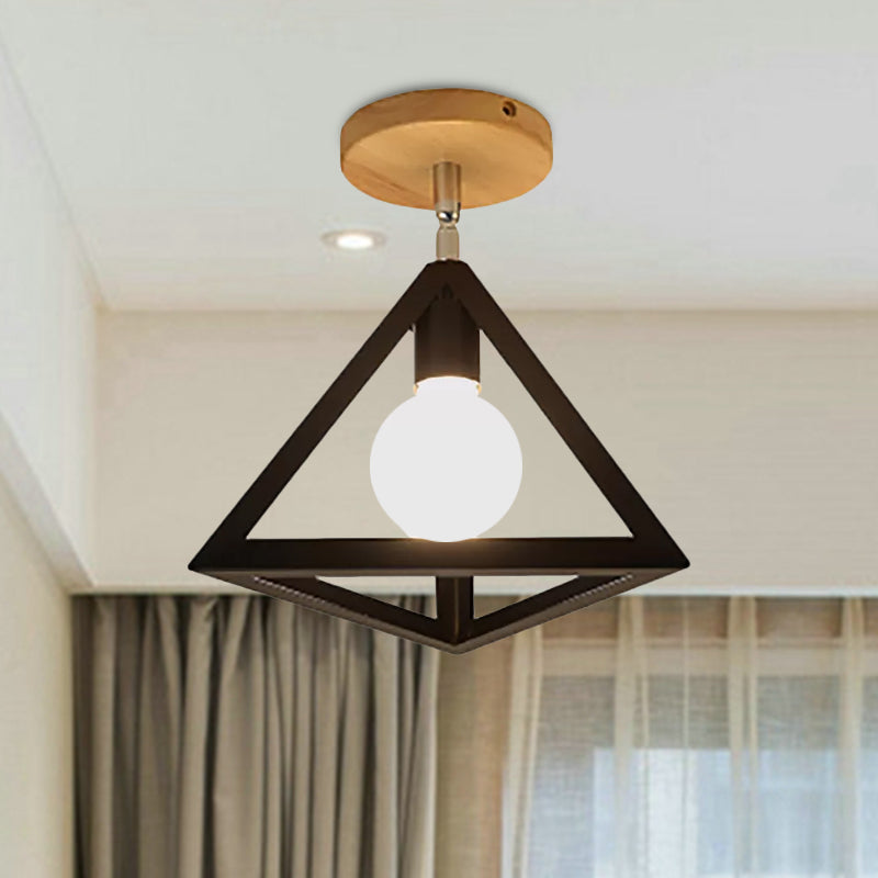 Vintage Style Wire Cage Semi Flush Mount mit Dreiecksschirm 1 Licht Metallhalbbündige Deckenbefestigung in Schwarz/Weiß