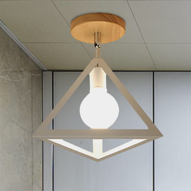 Vintage Style Wire Cage Semi Flush Mount mit Dreiecksschirm 1 Licht Metallhalbbündige Deckenbefestigung in Schwarz/Weiß