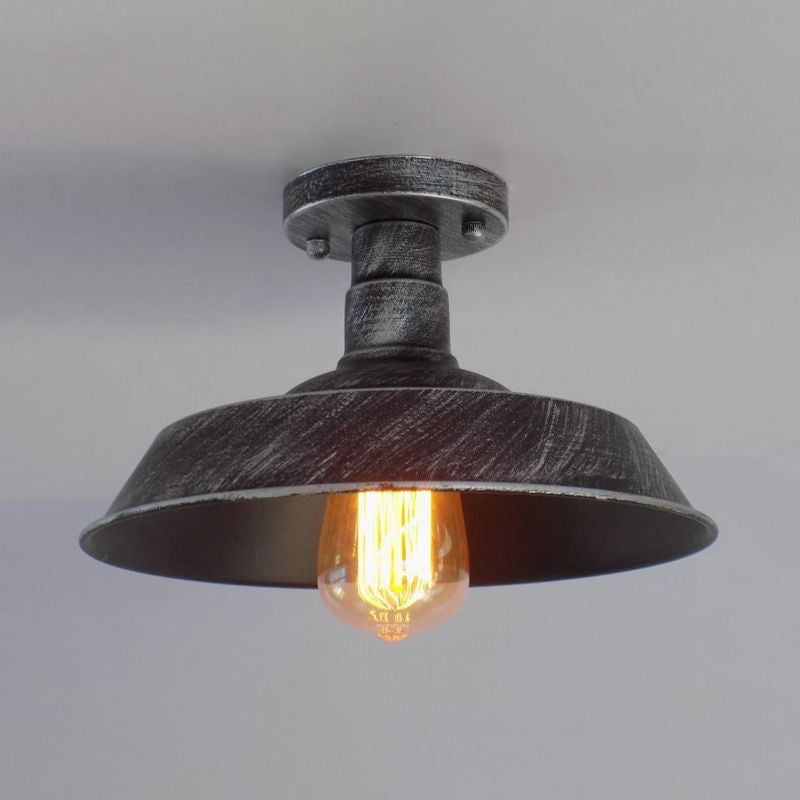 Farmhouse Barn Shade Semi-Flush Mount 1 Head Wrought Iron Ceiling Light Fixture in Aged Silver/Weathered Copper