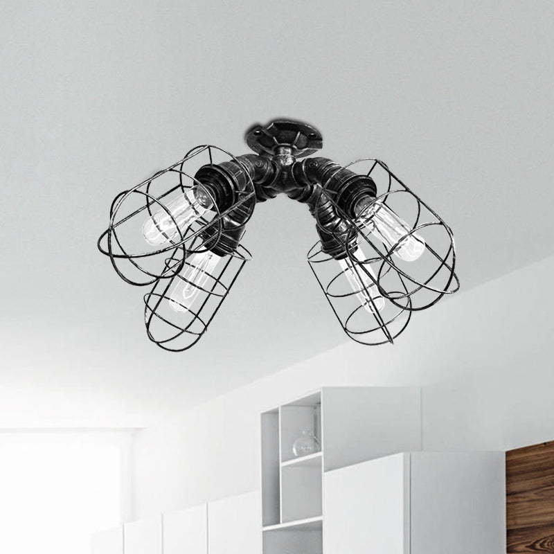 Plafonnier semi-encastré pour chambre à coucher en cage, fer industriel rustique, 4 ampoules, plafonnier en Bronze/argent vieilli avec Design de tuyau