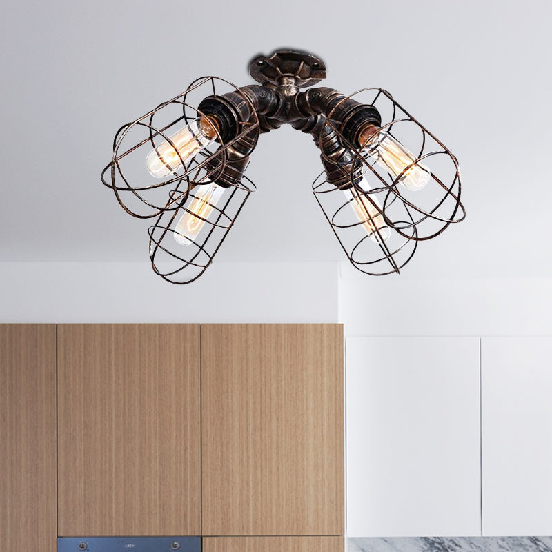 Plafonnier semi-encastré pour chambre à coucher en cage, fer industriel rustique, 4 ampoules, plafonnier en Bronze/argent vieilli avec Design de tuyau