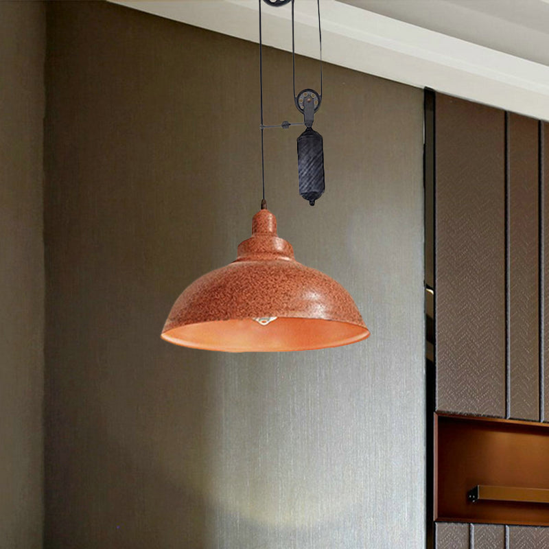 Rustic Industrial Dome Hanging Lamp with Pulley 1 Light Metal Pendant Light Fixture in Brown/Grey for Living Room