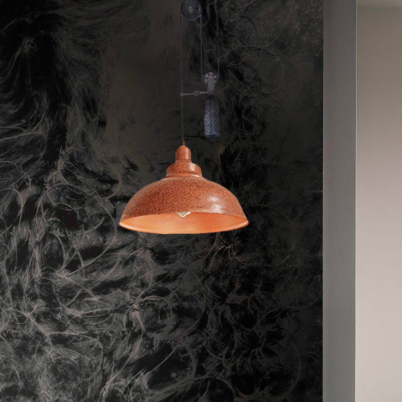 Rustic Industrial Dome Hanging Lamp with Pulley 1 Light Metal Pendant Light Fixture in Brown/Grey for Living Room