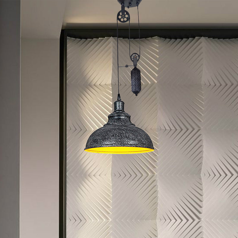 Rustic Industrial Dome Hanging Lamp with Pulley 1 Light Metal Pendant Light Fixture in Brown/Grey for Living Room