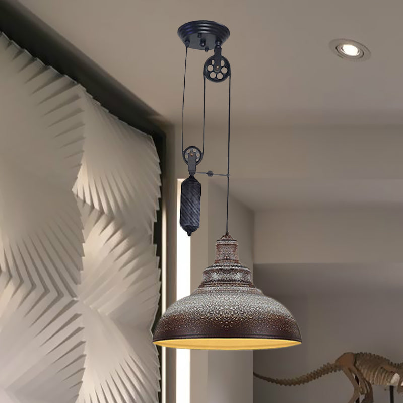 Rustic Industrial Dome Hanging Lamp with Pulley 1 Light Metal Pendant Light Fixture in Brown/Grey for Living Room